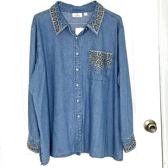 Quacker Factory Denim Button Up Top 2X Rhinestones Bling Western NEW - Picture 1 of 7